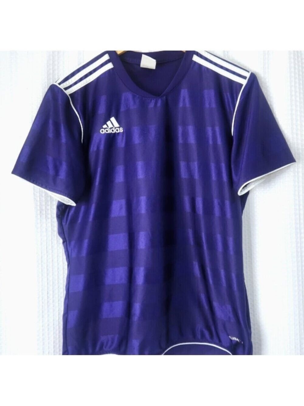 Adidas Shirt Athletic Top Short Sleeve Climalite Purple W White Stripes Med